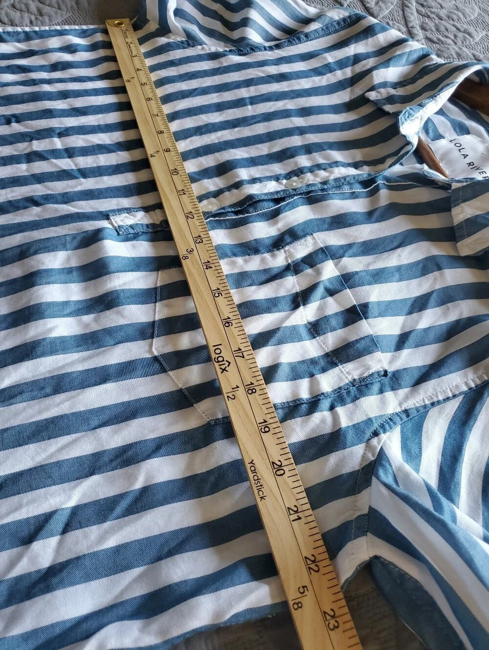 Lola River Popover Shirt Vertical Striped Blue White Button Up Blouse Tencel L - Picture 9 of 13
